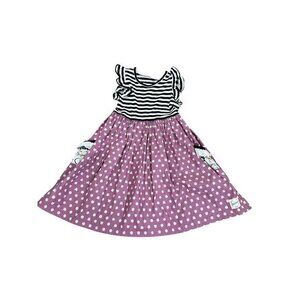 Girls Sleeveless Striped & Polka Dot Cat Print Dress With Lace Pockets